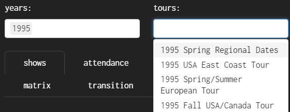 Select controls on ‘shows’ page showing sequential selection functionality.