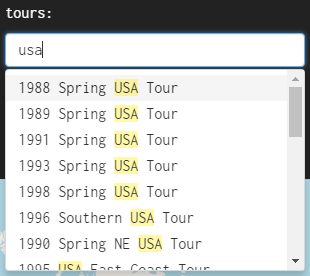 ‘Selectize’ control for tours on the ‘shows’ page.